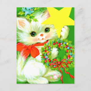 Retro vintage Christmas cat Holiday postcard