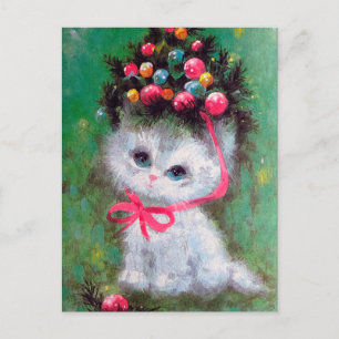 Retro vintage Christmas cat Holiday postcard
