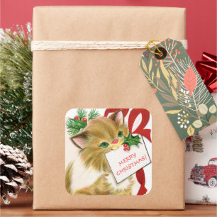 retro vintage Christmas cat Holiday Square Sticker