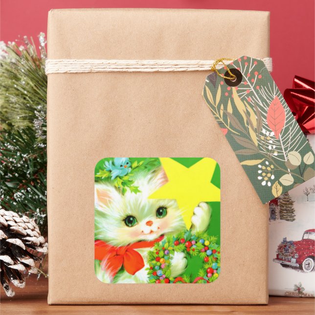 Retro vintage Christmas cat Holiday Square Sticker (Holiday)