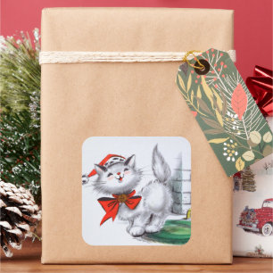 retro vintage Christmas cat Holiday Square Sticker