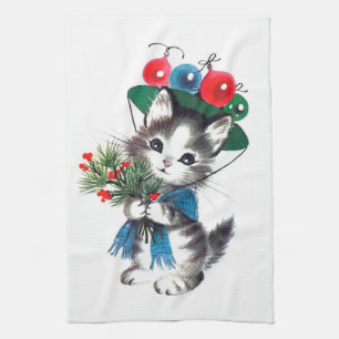Retro vintage Christmas cat kitchen Tea Towel