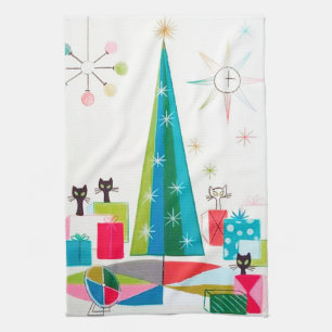 retro vintage Christmas cats Holiday kitchen Tea Towel