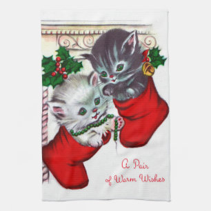 Retro Vintage Christmas cats Holiday kitchen towel