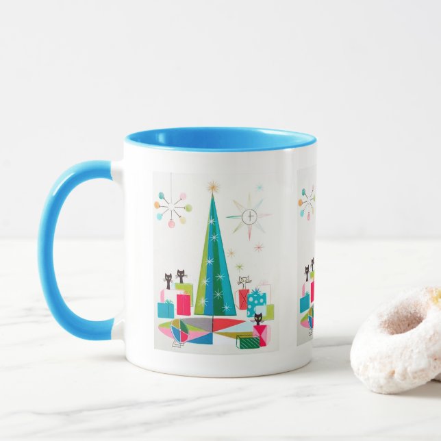 retro vintage Christmas cats Holiday Mug (With Donut)