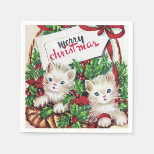 retro vintage Christmas cats Holiday Napkin