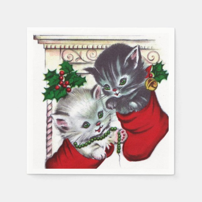 retro vintage Christmas cats Holiday party Napkin (Front)