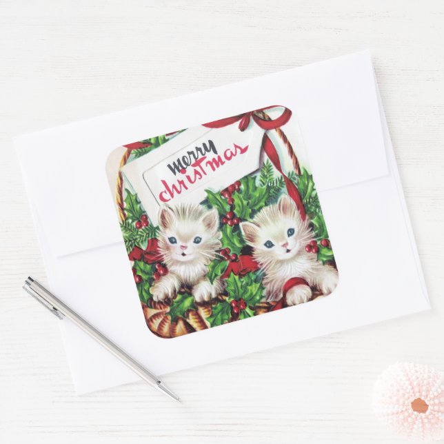 retro vintage Christmas cats Holiday Square Sticker (Envelope)