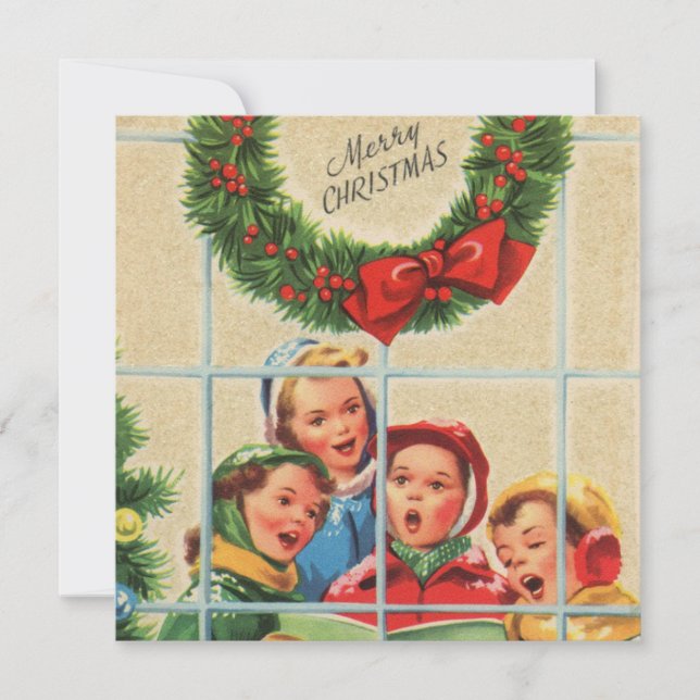 Retro Vintage Christmas Children In Window Holiday Card (Front)