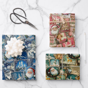 Retro Vintage Christmas Collage Trio Wrapping Paper Sheet