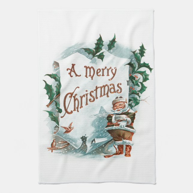 Retro Vintage Christmas Cool Santa Greeting Tea Towel (Vertical)