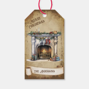 Retro Vintage Christmas Decorated Fireplace Gift Tags