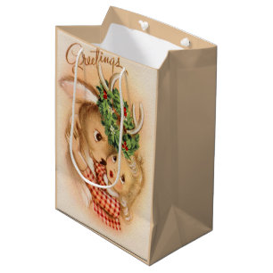 retro vintage Christmas deer girl Holiday Medium Gift Bag