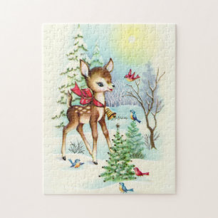 retro vintage Christmas deer Holiday Jigsaw Puzzle