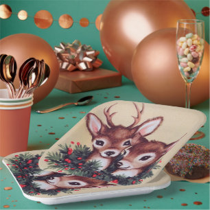 retro vintage Christmas deer Holiday Paper Plate