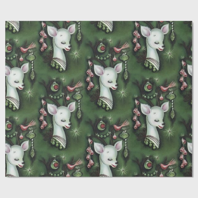 Retro Vintage Christmas Deer Kitsch Wrapping Paper (Flat)