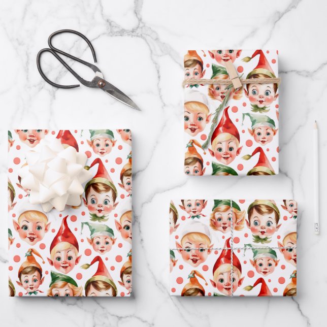 Retro Vintage Christmas Elf Faces  Wrapping Paper Sheet (Front)