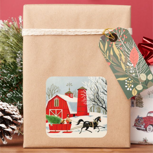 retro vintage Christmas farm Square Sticker (Holiday)