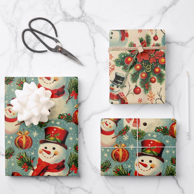 Retro Vintage Christmas: Frosty Snowmen  Wrapping Paper Sheet (Front)