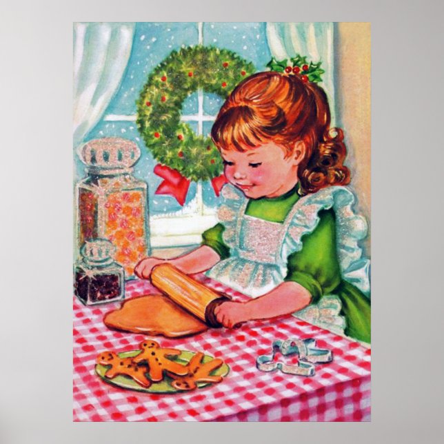 Retro vintage Christmas girl baking Holiday poster (Front)
