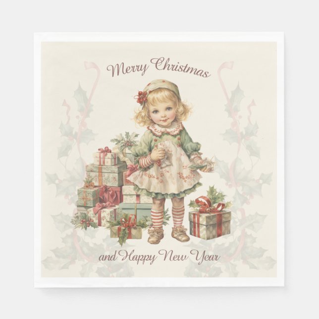 Retro Vintage Christmas Girl Gifts Napkin (Front)