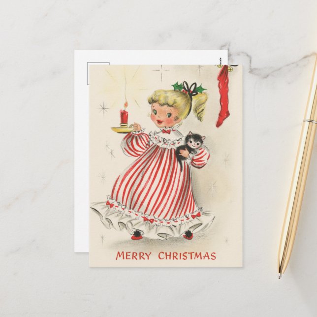 retro vintage Christmas girl  Holiday Postcard (Front/Back In Situ)
