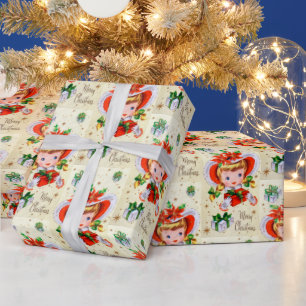 Retro Vintage Christmas girl party bag Wrapping Paper