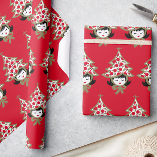 Retro Vintage Christmas Girl with Tree Hat Wrapping Paper