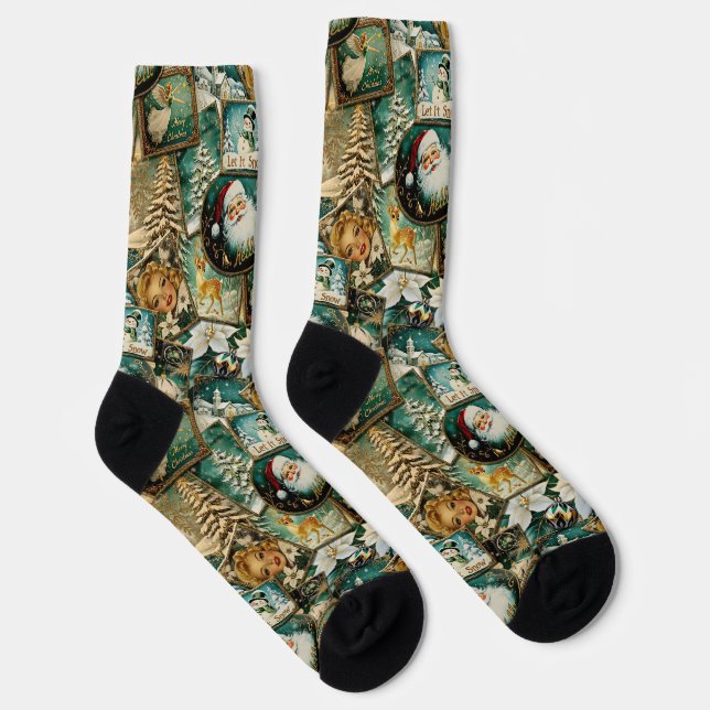 Retro Vintage Christmas: Green Collage Socks (Right)