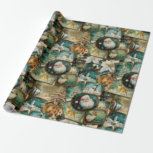 Retro Vintage Christmas: Green Collage Wrapping Paper (Unrolled)