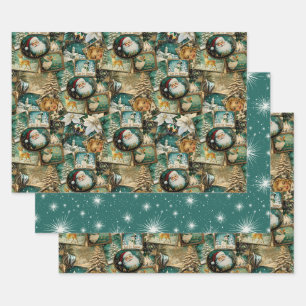Retro Vintage Christmas: Green Collage Wrapping Paper Sheet