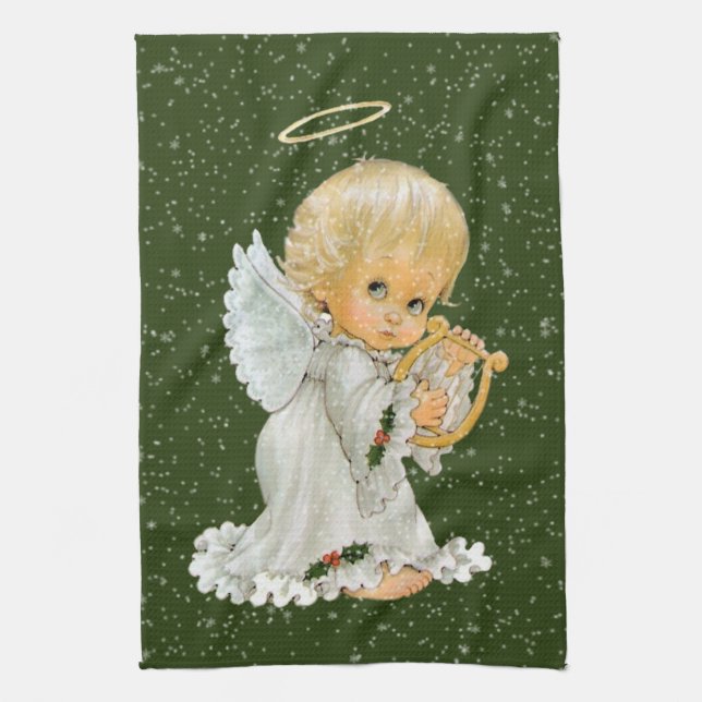 retro vintage Christmas Holiday Angel Tea Towel (Vertical)