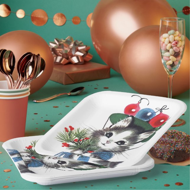 Retro vintage Christmas Holiday cat Paper Plate (Multi)