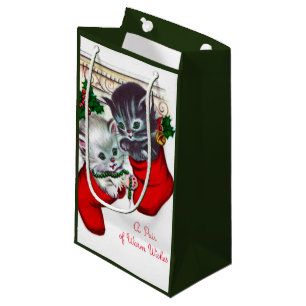 Retro Vintage Christmas Holiday cats add name tag Small Gift Bag