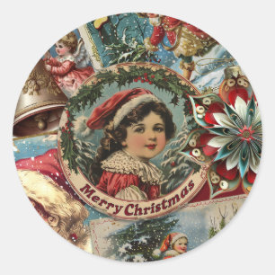 Retro Vintage Christmas: Holiday Cheer Collage Classic Round Sticker