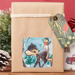 Retro vintage Christmas Holiday deer bird sticker
