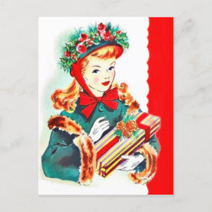 Retro Vintage Christmas Holiday lady postcard
