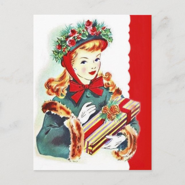 Retro Vintage Christmas Holiday lady postcard (Front)