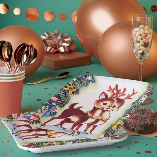 Retro vintage Christmas Holiday reindeer Paper Plate (Multi)