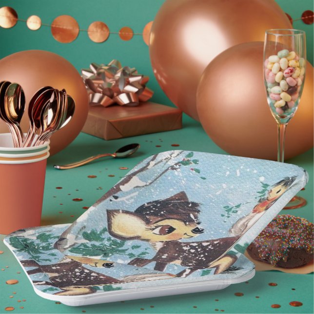 Retro vintage Christmas Holiday reindeer party Paper Plate (Multi)