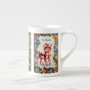 Retro vintage Christmas Holiday reindeer tea cup