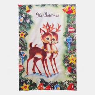 retro vintage Christmas Holiday reindeer Tea Towel
