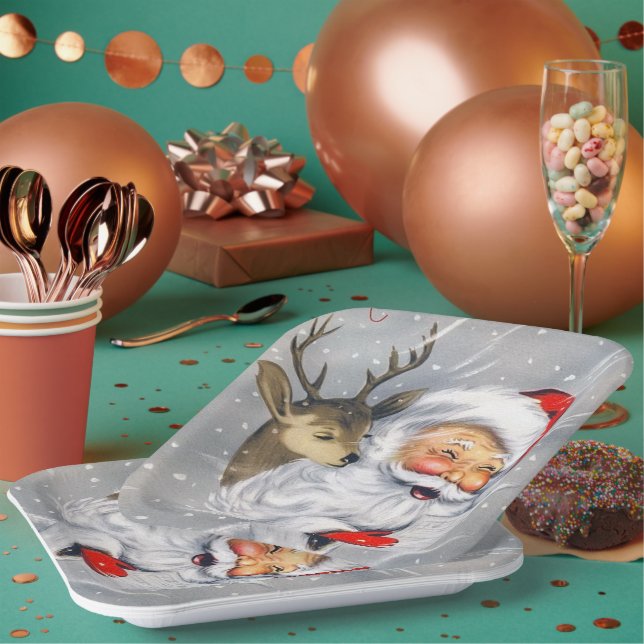 Retro vintage Christmas Holiday Santa reindeer Paper Plate (Multi)