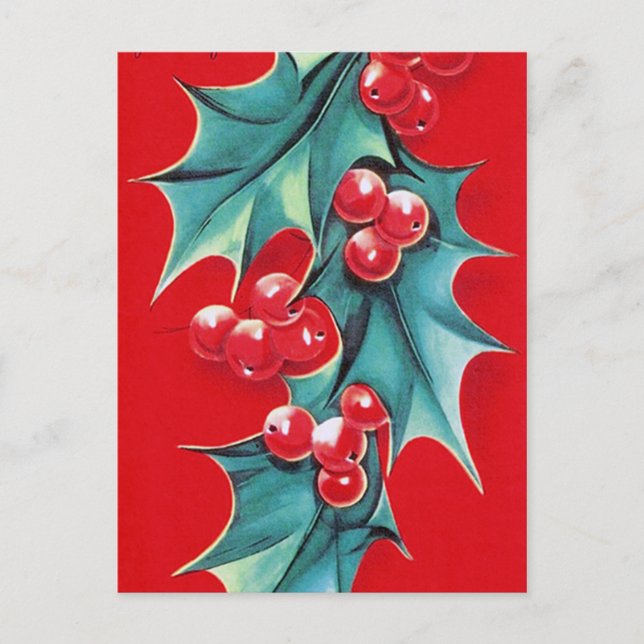 Retro Vintage Christmas holly postcard (Front)