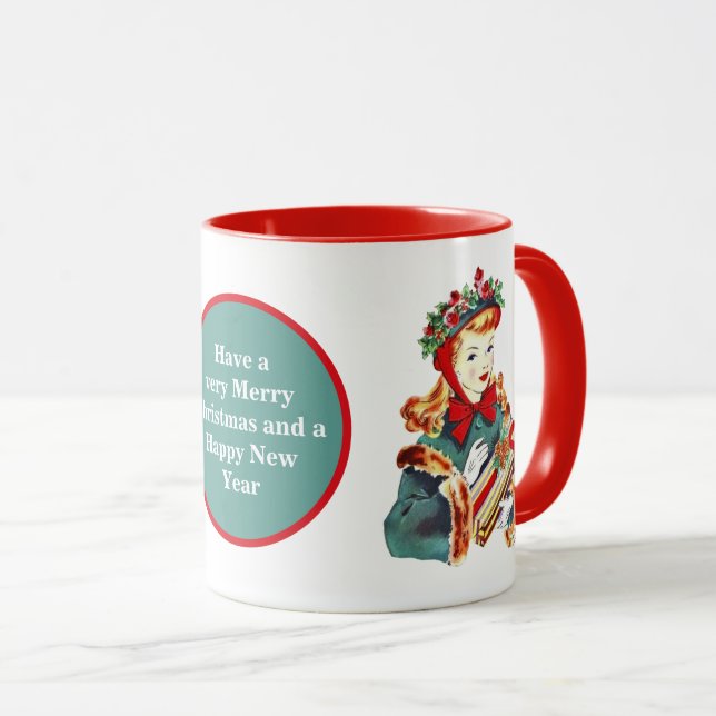 Retro vintage Christmas lady add message Mug (Front Right)