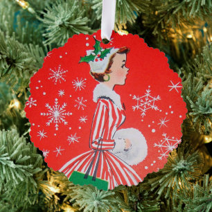 retro vintage Christmas lady add message Tree Decoration Card