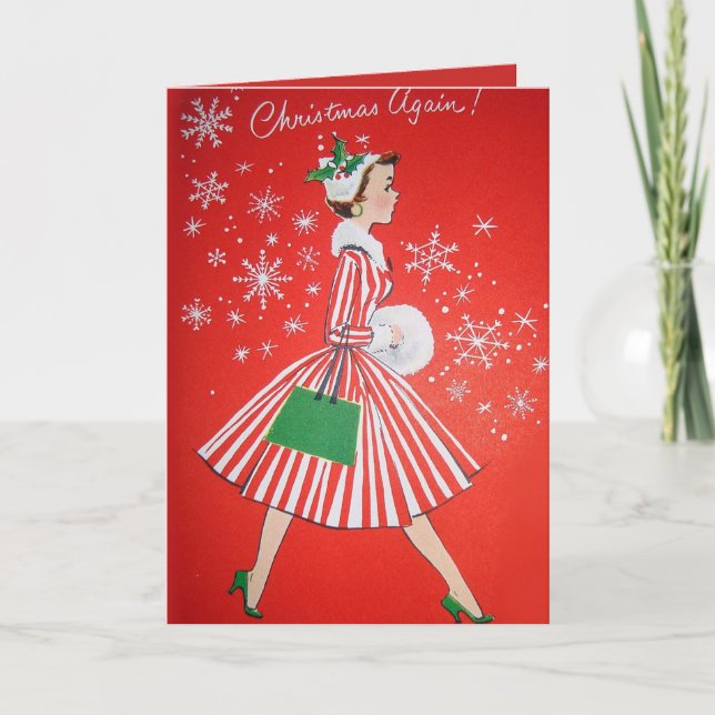Retro Vintage Christmas lady add text card (Front)