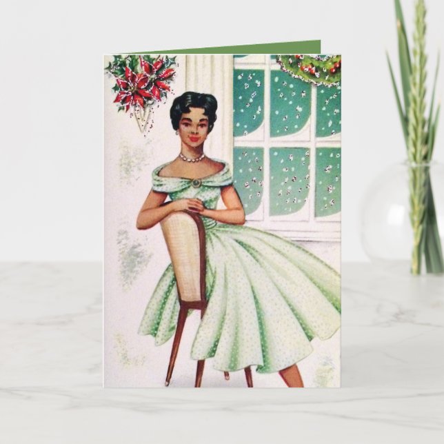Retro Vintage Christmas lady add text card (Front)