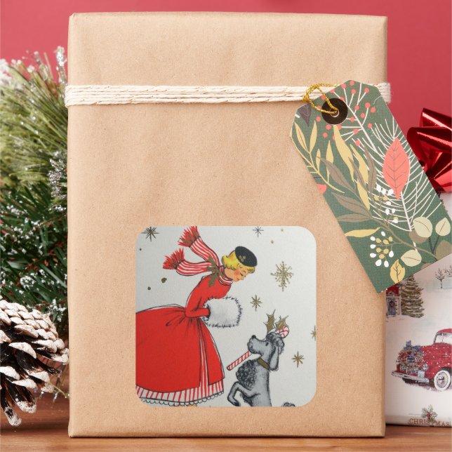 retro vintage Christmas lady and dog Square Sticker (Holiday)
