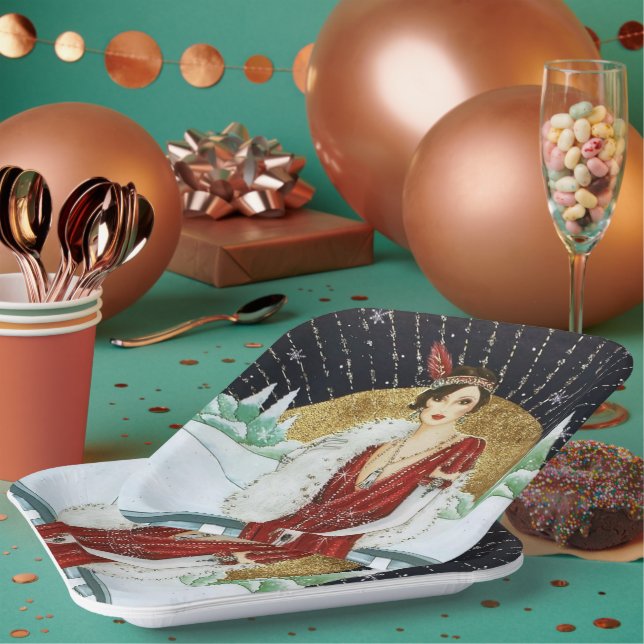Retro vintage Christmas lady Holiday  Paper Plate (Multi)